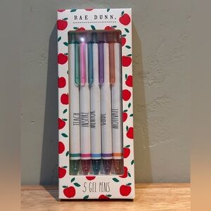 Rae Dunns  Apple For The Teacher Box Set of 5 Gel Pens. Brand New In Box.